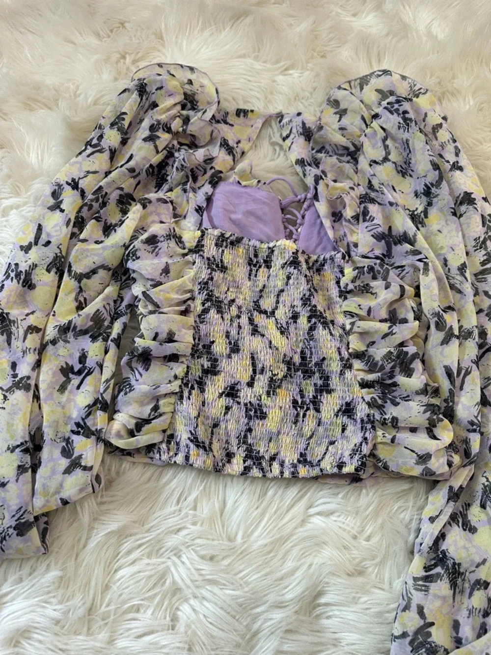 Free People Lavender & Yellow Floral Ruched Puff-Sleeve Top- read flaw